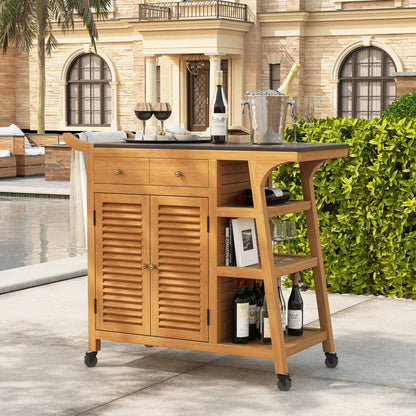 Ketchikan Solid Wood Outdoor Wine Cart with Storage &amp; Serving Shelves