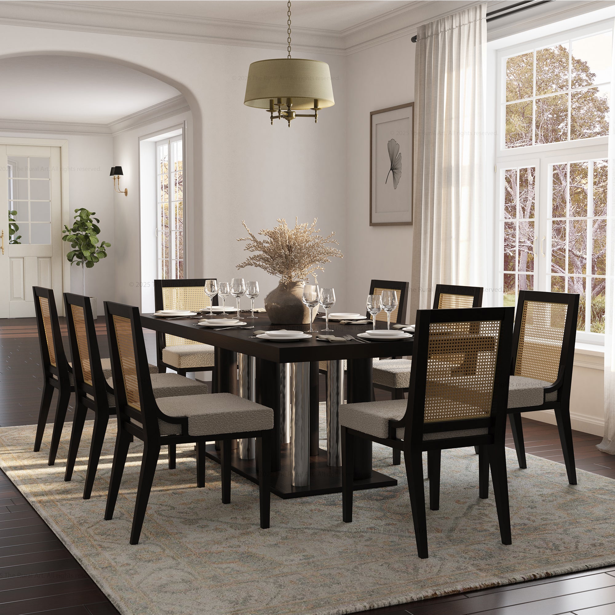 Fairbanks Modern Solid Wood Dining Table &amp; Cane Back Chair Set