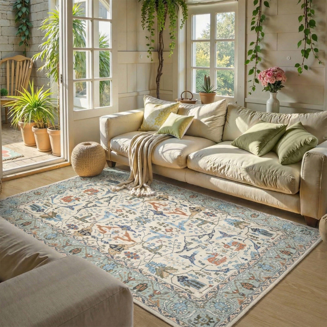 Sintra Vintage Oushak Hand-Knotted Wool Rug - Cream &amp; Blue