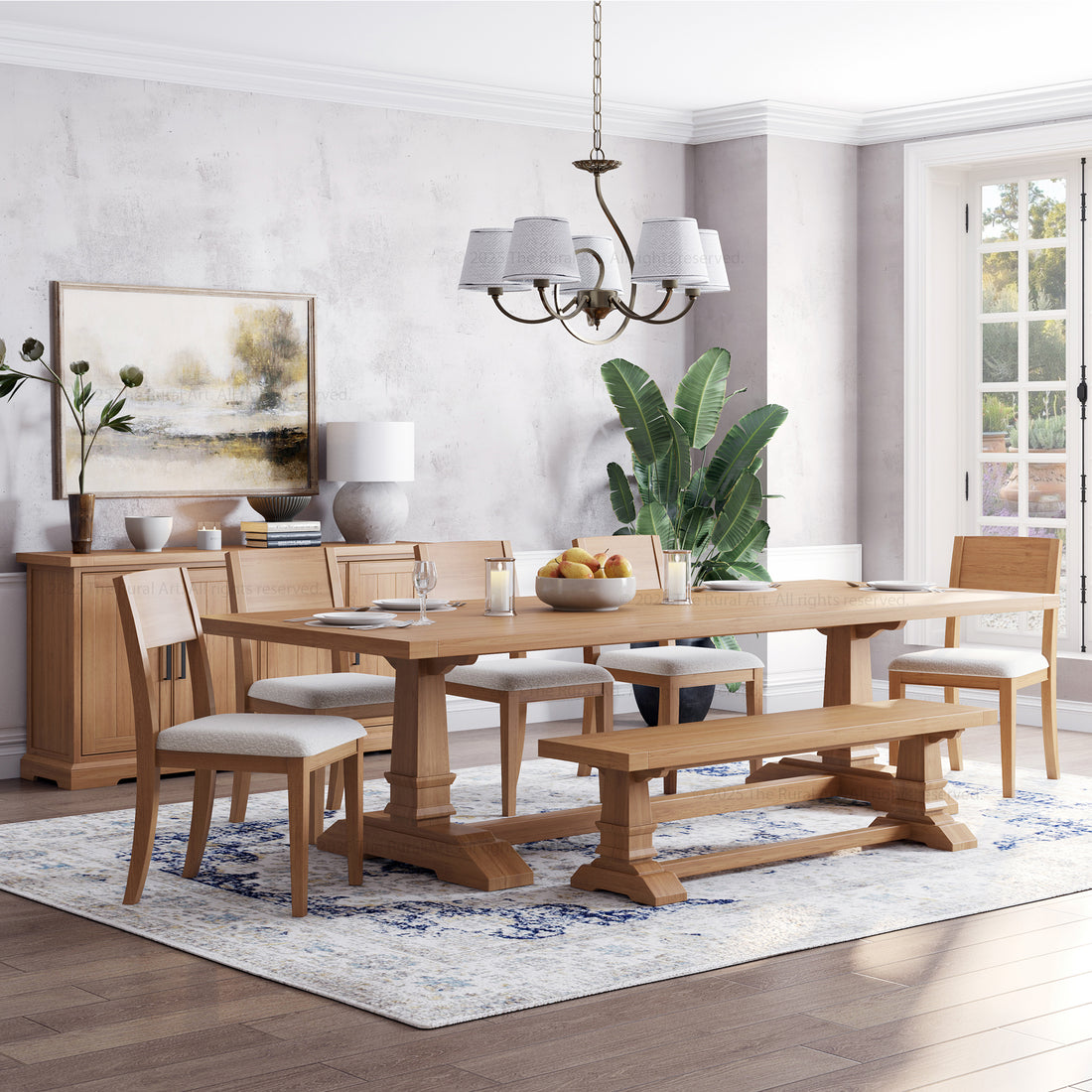 Roseville Solid Wood Dining Set Trestle Table with Chairs &amp; Bench Coastal Farmhouse Style