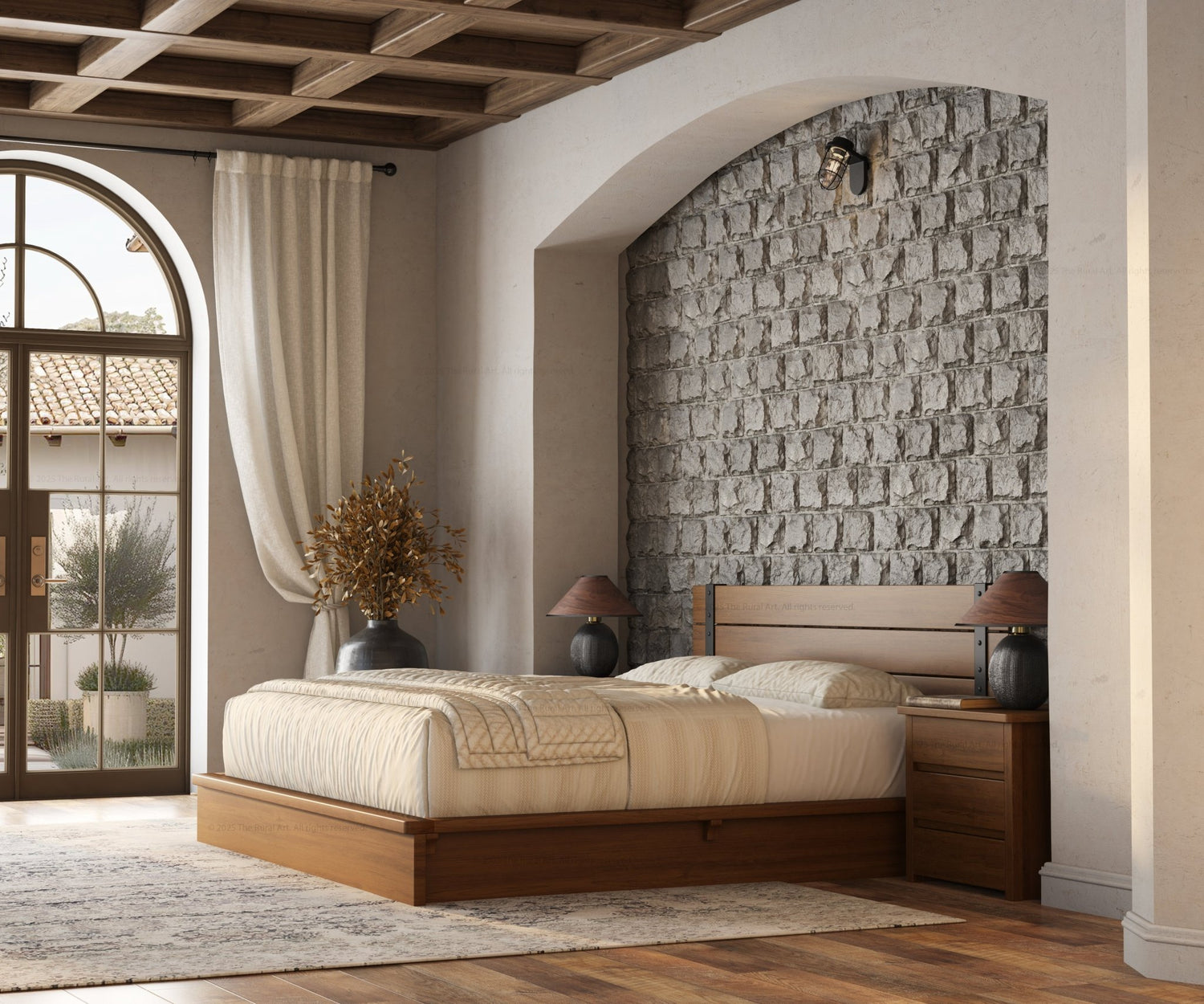 Dallas Solid Wood Platform Bed with Slatted Headboard &amp; Iron Accents