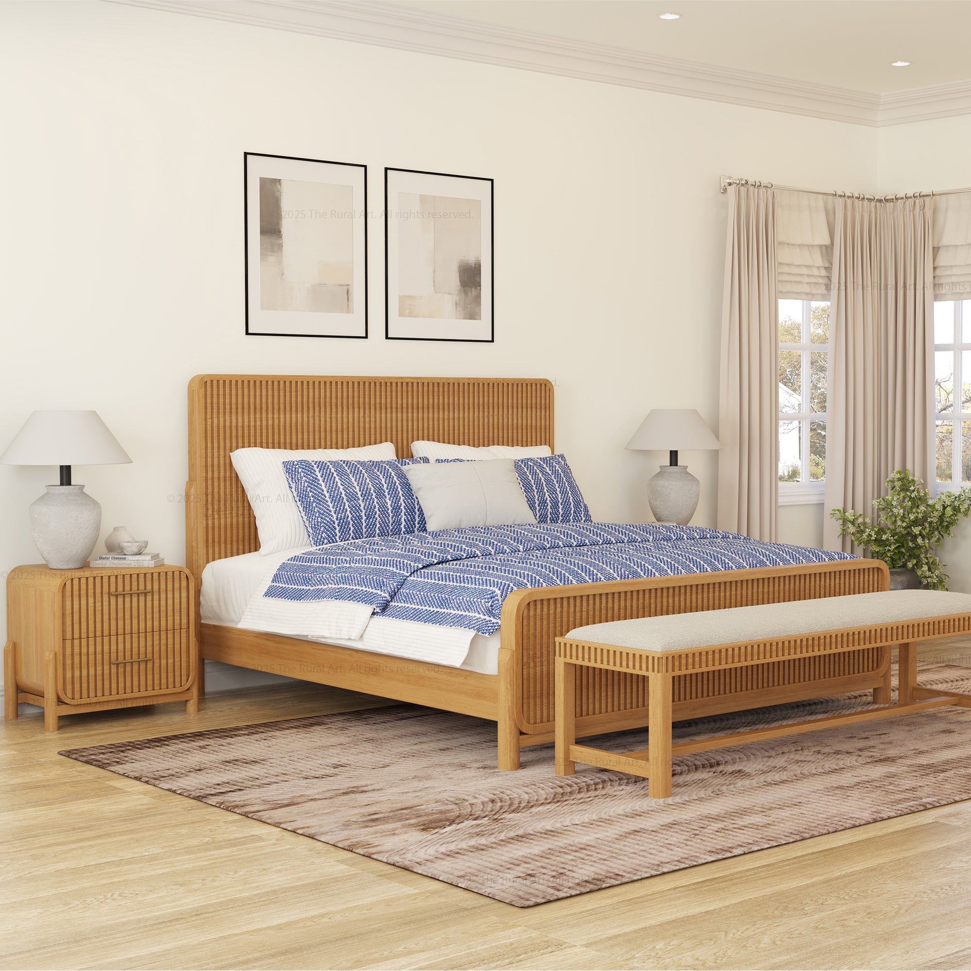 Lewes Fluted Wood 6-Piece Bedroom Set | Solid Wood Bed, Nightstands, Dresser, Mirror &amp; Bench