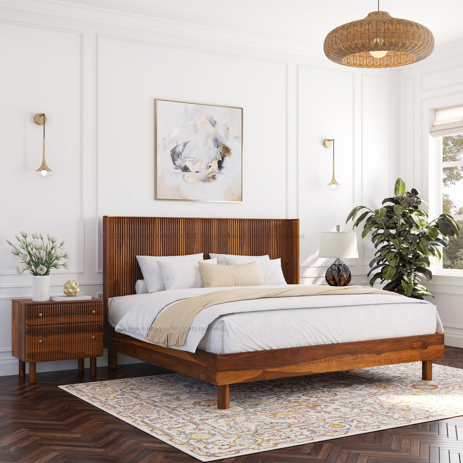 Richmond Solid Indian Rosewood Fluted Texture Headboard Bed