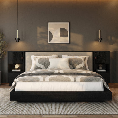 Nome Modern Solid Wood 3-Piece Bedroom Set with Attached Nightstands