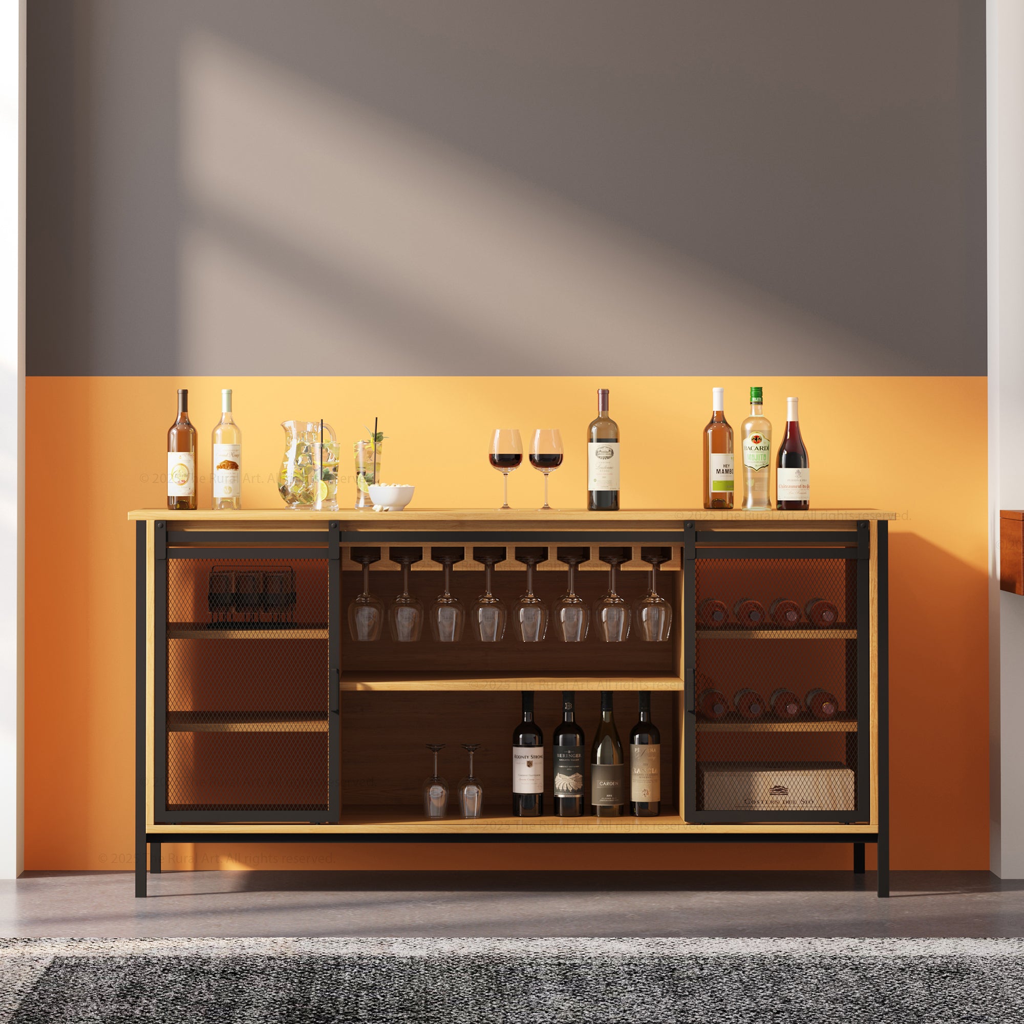 Dallas Industrial Bar Cabinet Solid Wood Iron Sliding Mesh Doors