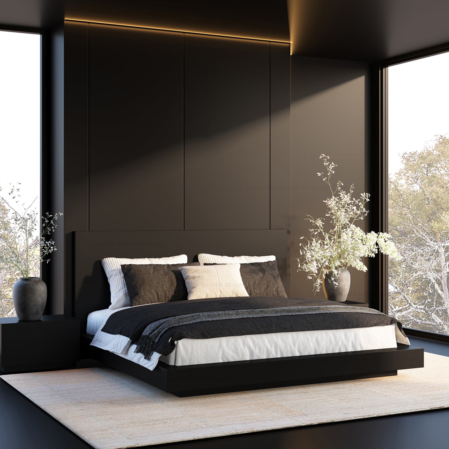 Kingston Modern Solid Wood Platform Bedroom Set with Nightstand, Dresser, Bench and Mirror Bed + 2 Night Stand + 5 Drawer Dresser + Mirror / Queen / Kingston Modern Solid Wood Platform Bedroom Set with Nightstand, Dresser, Bench and Mirror Bed + 2 Night Stand + 5 Drawer Dresser + Mirror / Queen /