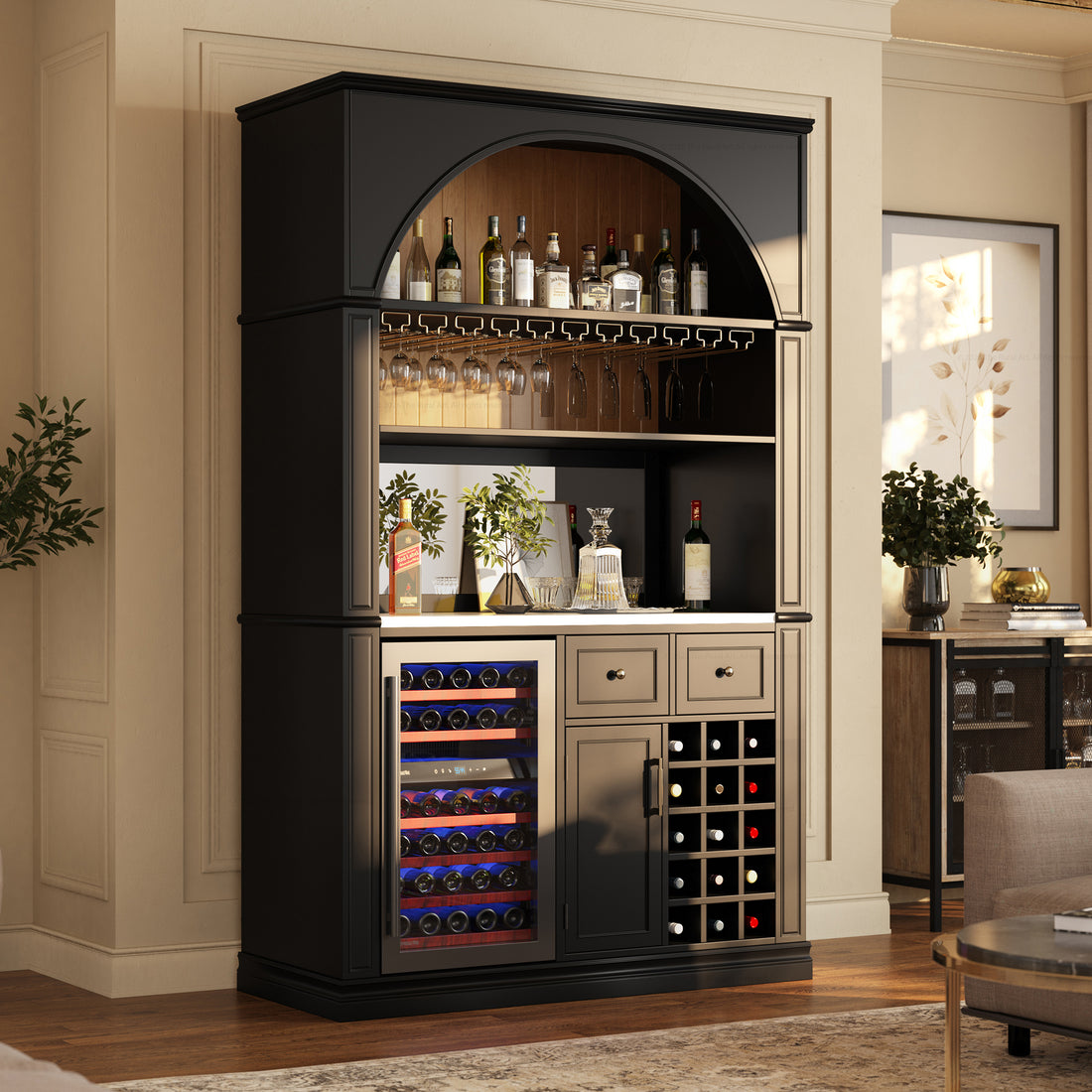 Douglas Arch Wine Bar Cabinet with Fridge Space &amp; Marble Countertop