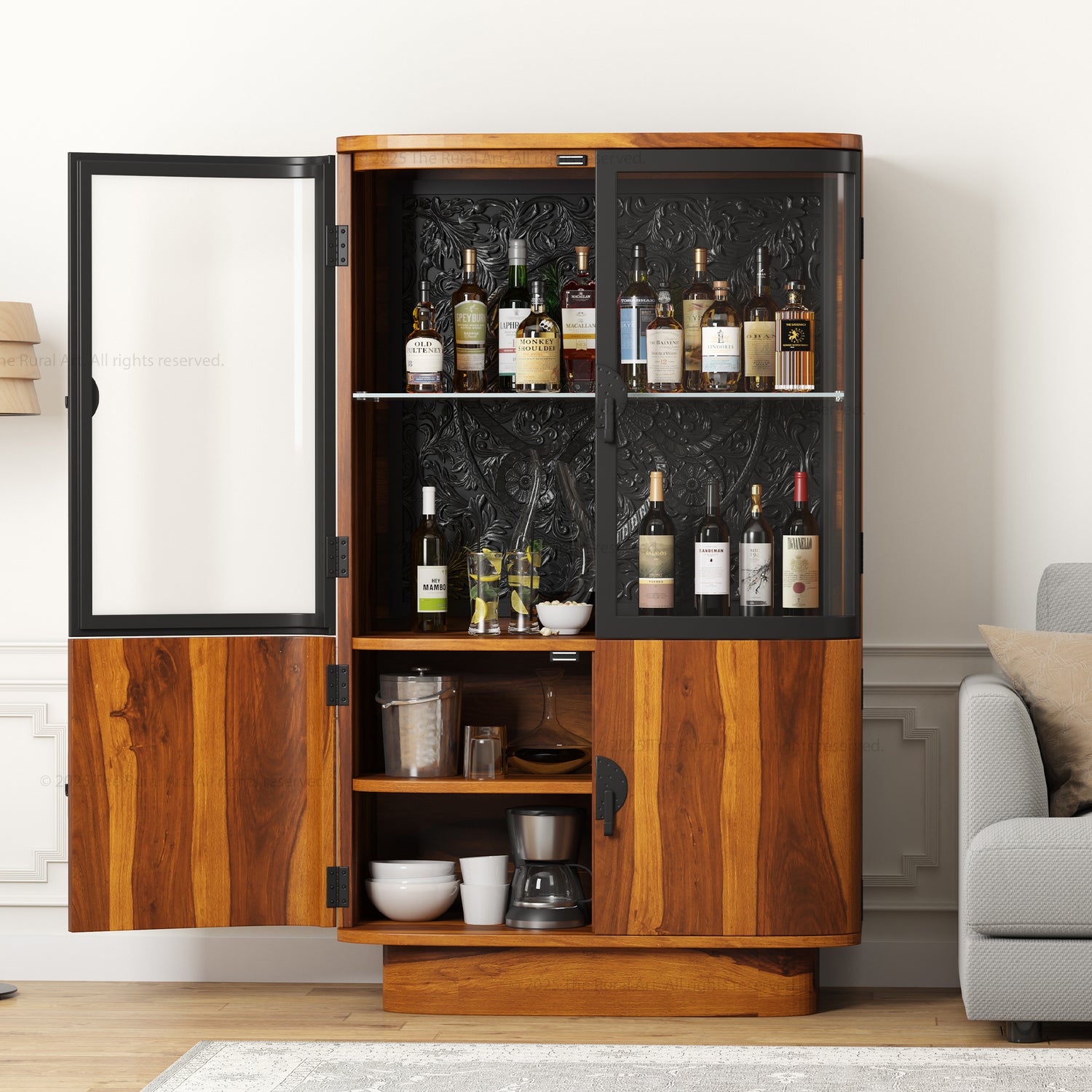 Woodinville Carved Bar Cabinet with Display Rack