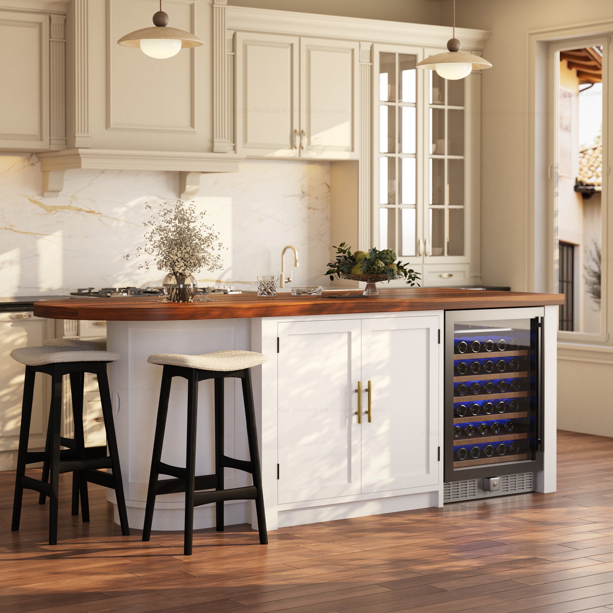 Danville Solid Wood Kitchen Island with Built-In Wine Cooler &amp; Storage Cabinets
