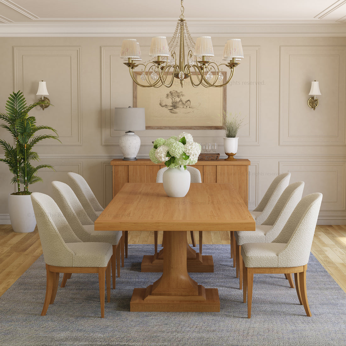Medina Dining Table Set for 4, 6, 8 and 10 | Solid Wood Pedestal Table &amp; Upholstered Chairs