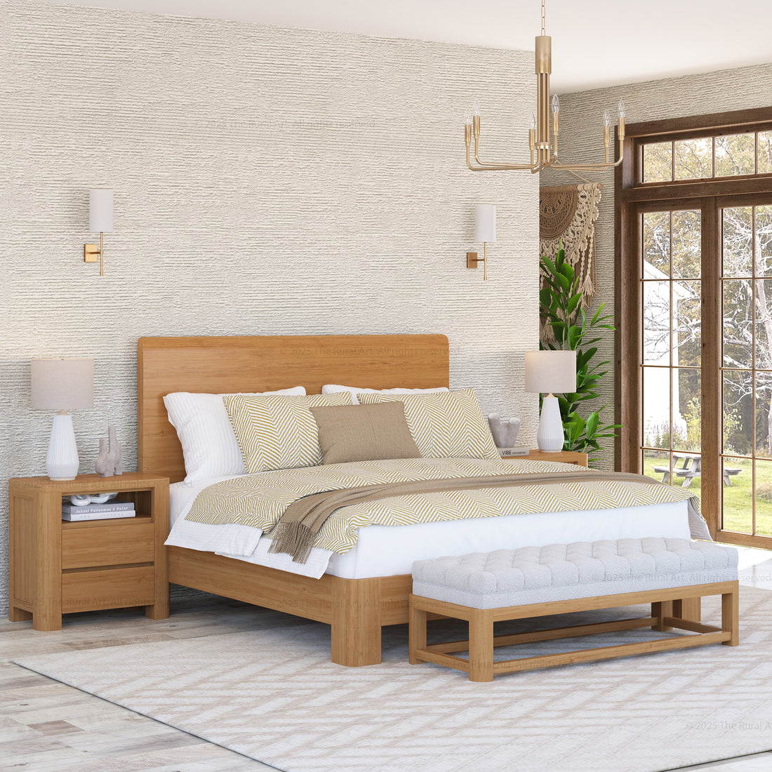 Wooden bed with matching nightstands and bench in a bedroom set.