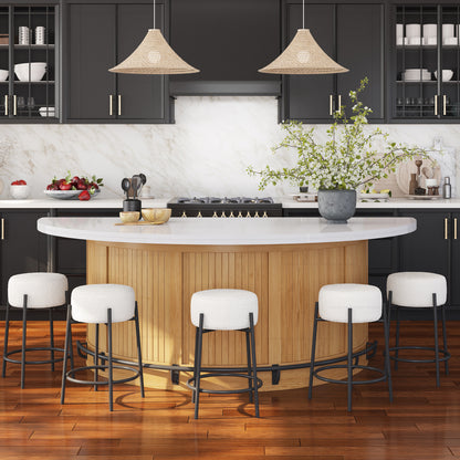 Midland Curved Solid Wood Half Round Kitchen Island with Upholstered Stools &amp; Quartz Top