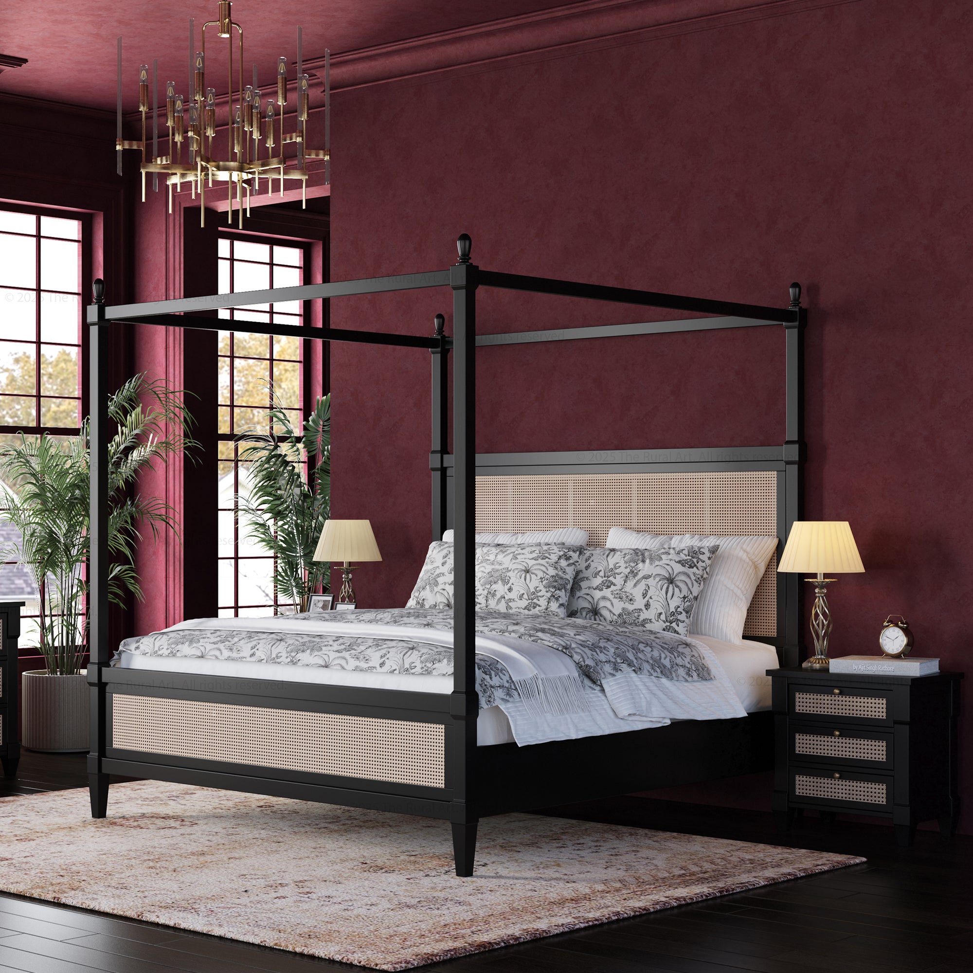 Hayward Solid Wood Four Poster Canopy Bed with Cane Headboard