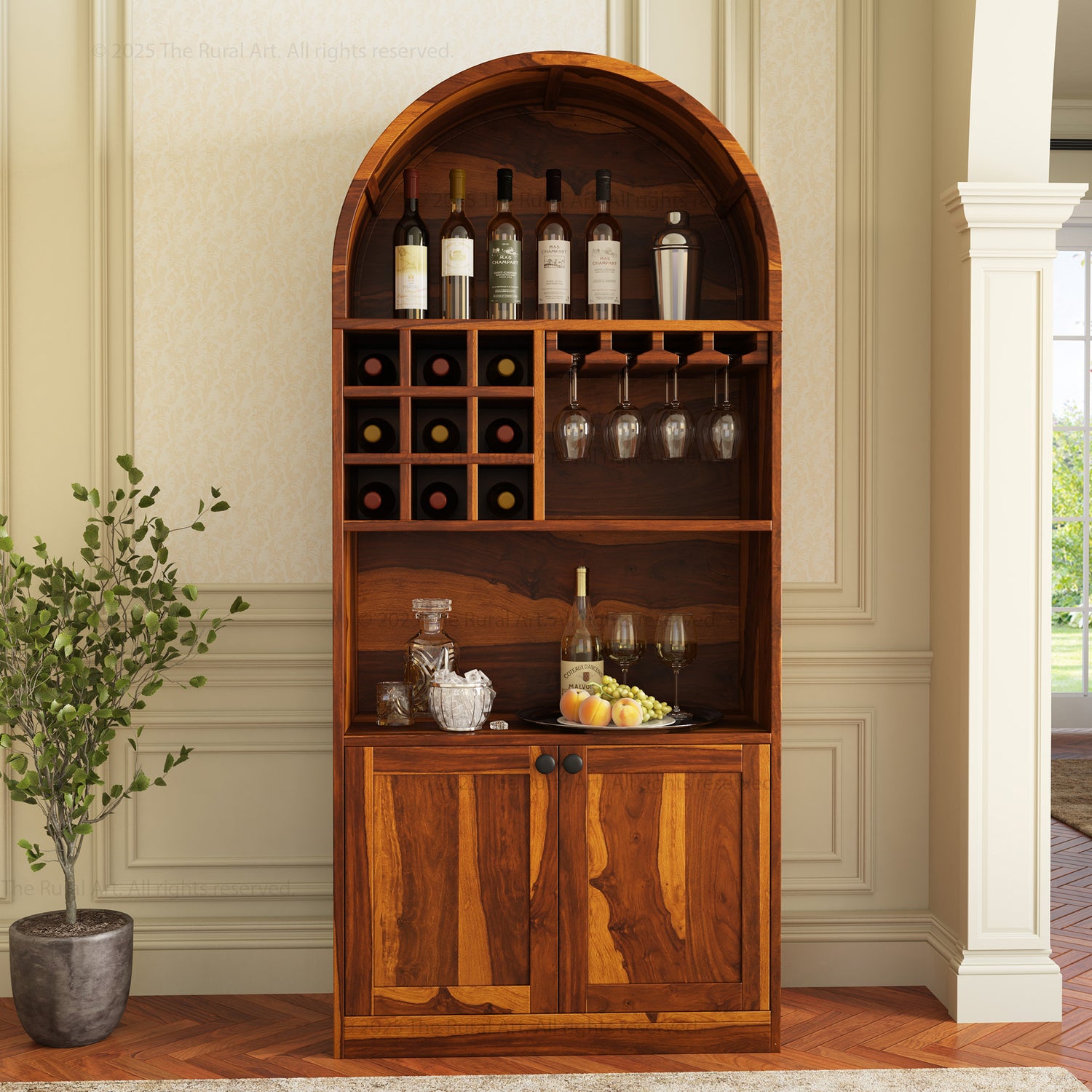 Arcadia Solid Wood Wine Bar Cabinet with Arched Top &amp; Stemware Rack