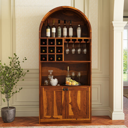 Arcadia Solid Wood Wine Bar Cabinet with Arched Top &amp; Stemware Rack