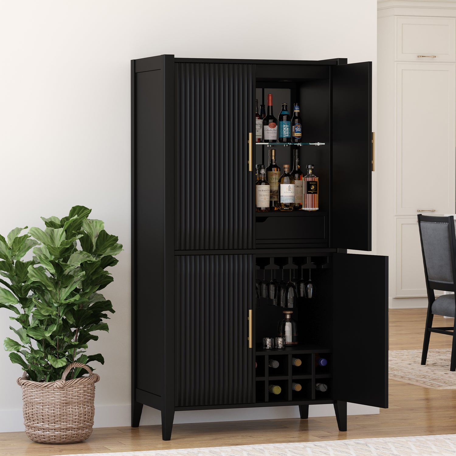 Monarch Tall Bar Cabinet in Solid Wood with Glass-Back Display