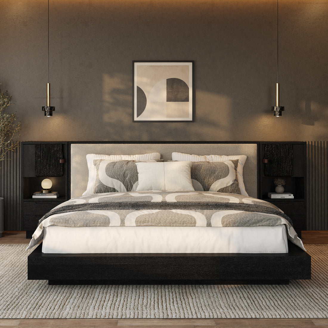 Nome Modern Solid Wood Storage Platform Bed with Upholstered Headboard & Nightstands