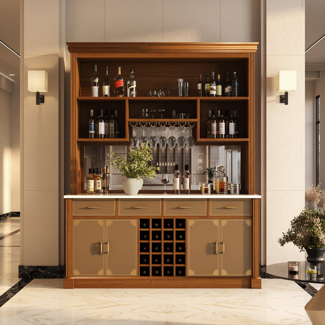 Lexington Solid Wood Wine Bar Cabinet with Hutch, Marble Countertop &amp; Leather Detailing