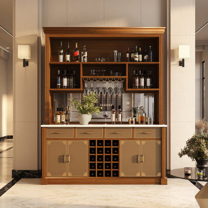 Lexington Solid Wood Wine Bar Cabinet with Hutch, Marble Countertop &amp; Leather Detailing