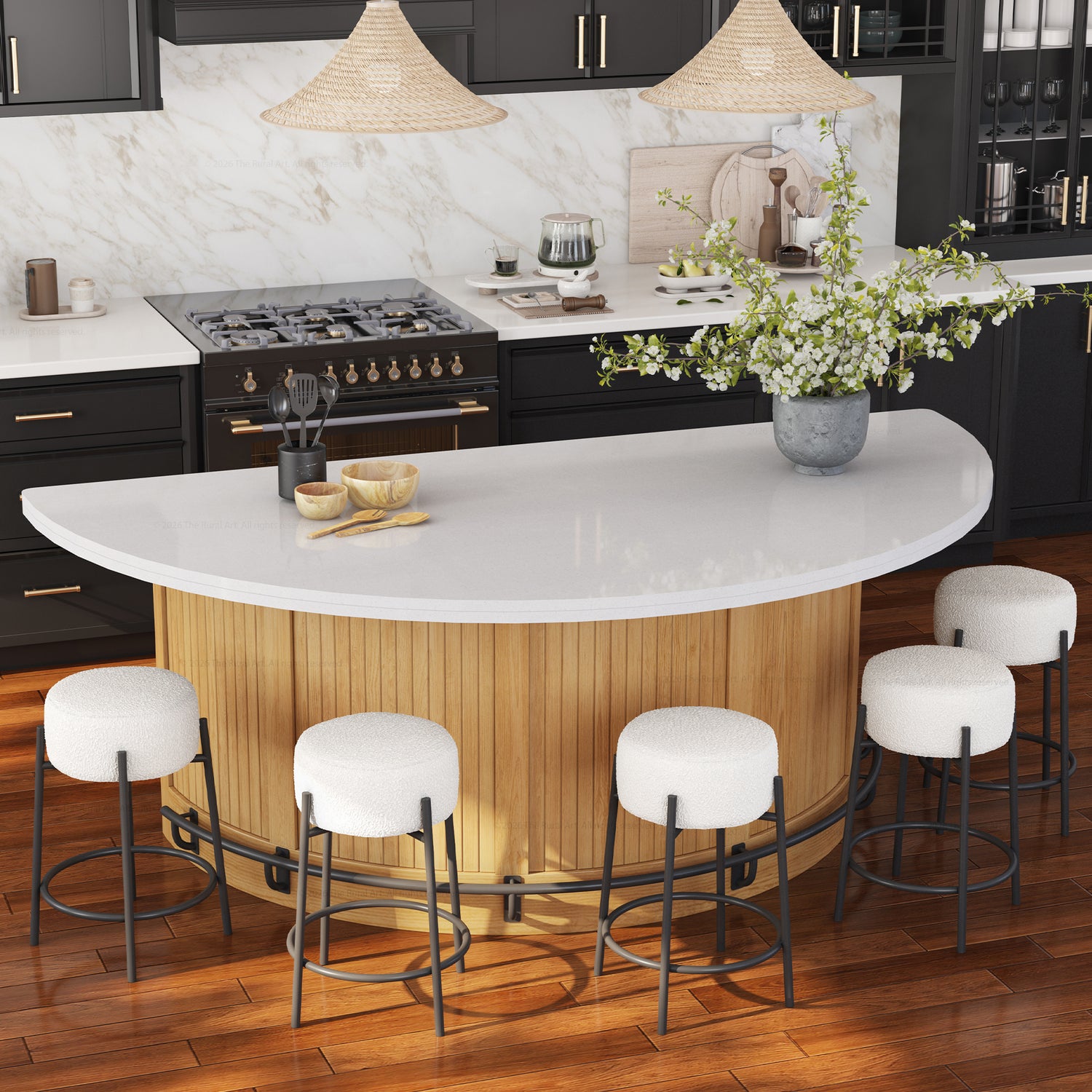 Midland Curved Solid Wood Half Round Kitchen Island with Upholstered Stools &amp; Quartz Top
