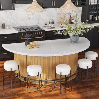 Midland Curved Solid Wood Half Round Kitchen Island with Upholstered Stools &amp; Quartz Top