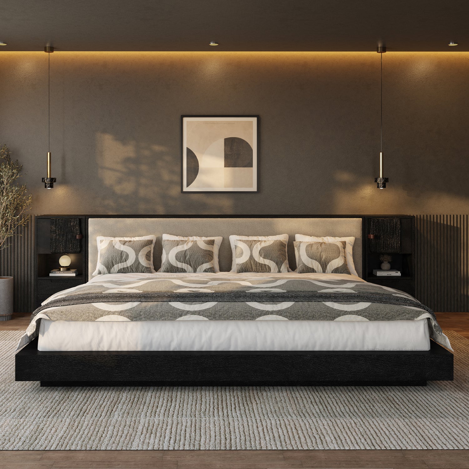 Nome Modern Solid Wood Storage Platform Bed with Upholstered Headboard &amp; Nightstands