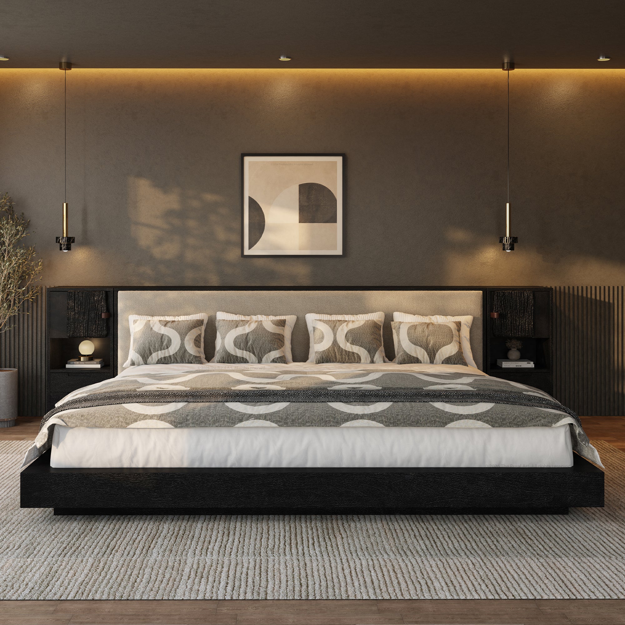 Nome Modern Solid Wood Storage Platform Bed with Upholstered Headboard &amp; Nightstands