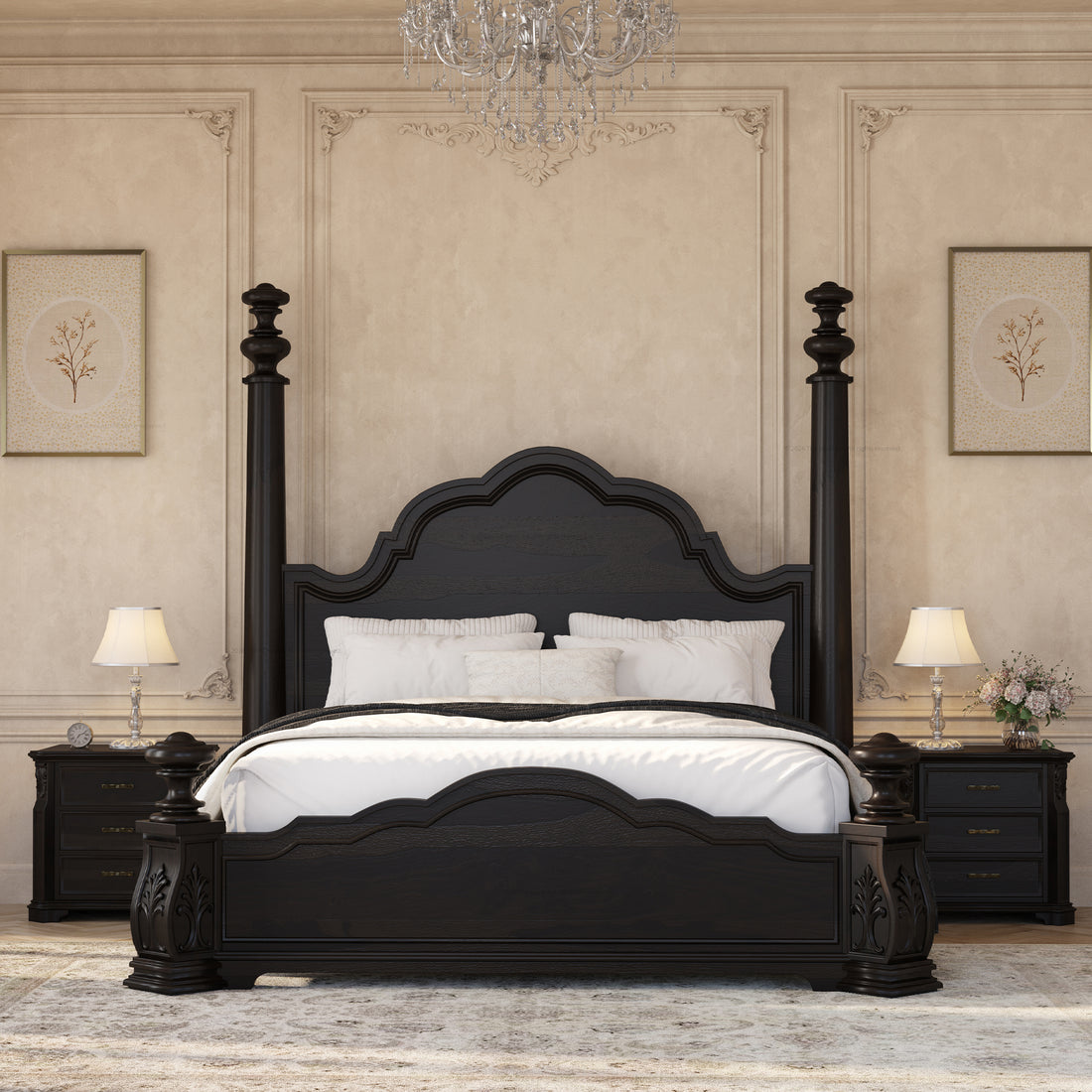 Alexander Hand-Carved Solid Wood Four Poster Bed