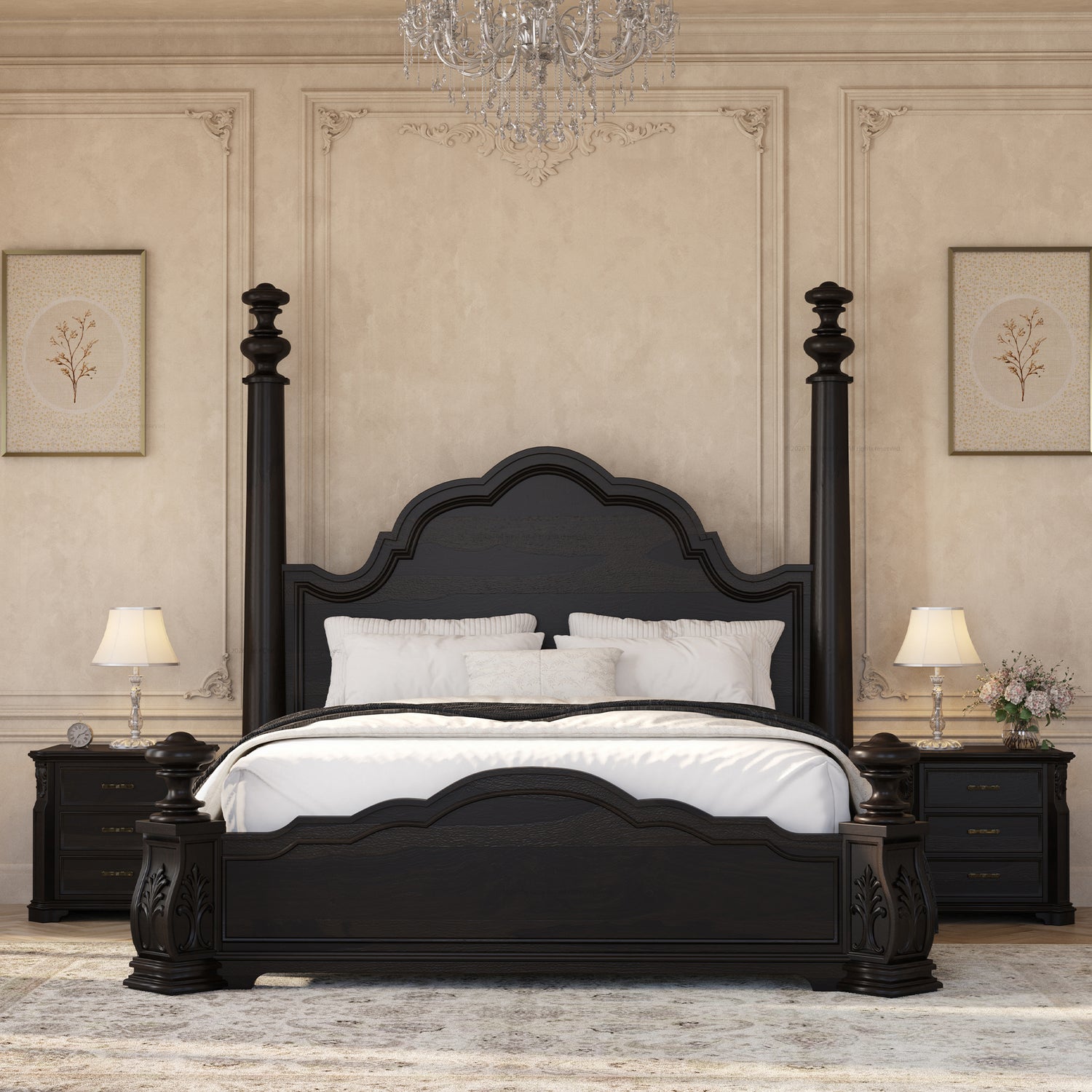 Alexander Hand-Carved Solid Wood Four Poster Bed