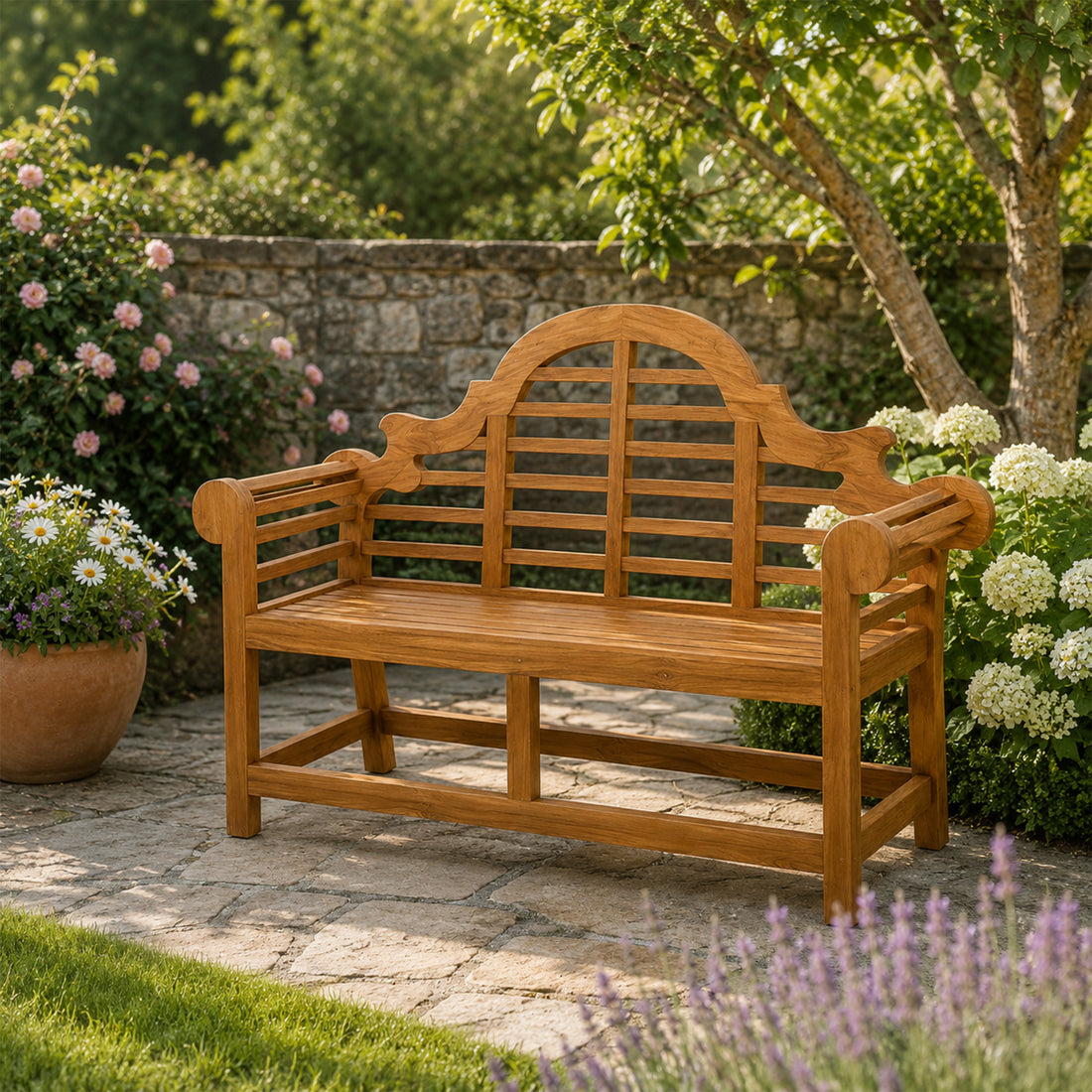 Helena Solid Teak Wood Garden Bench with Decorative Arched Back