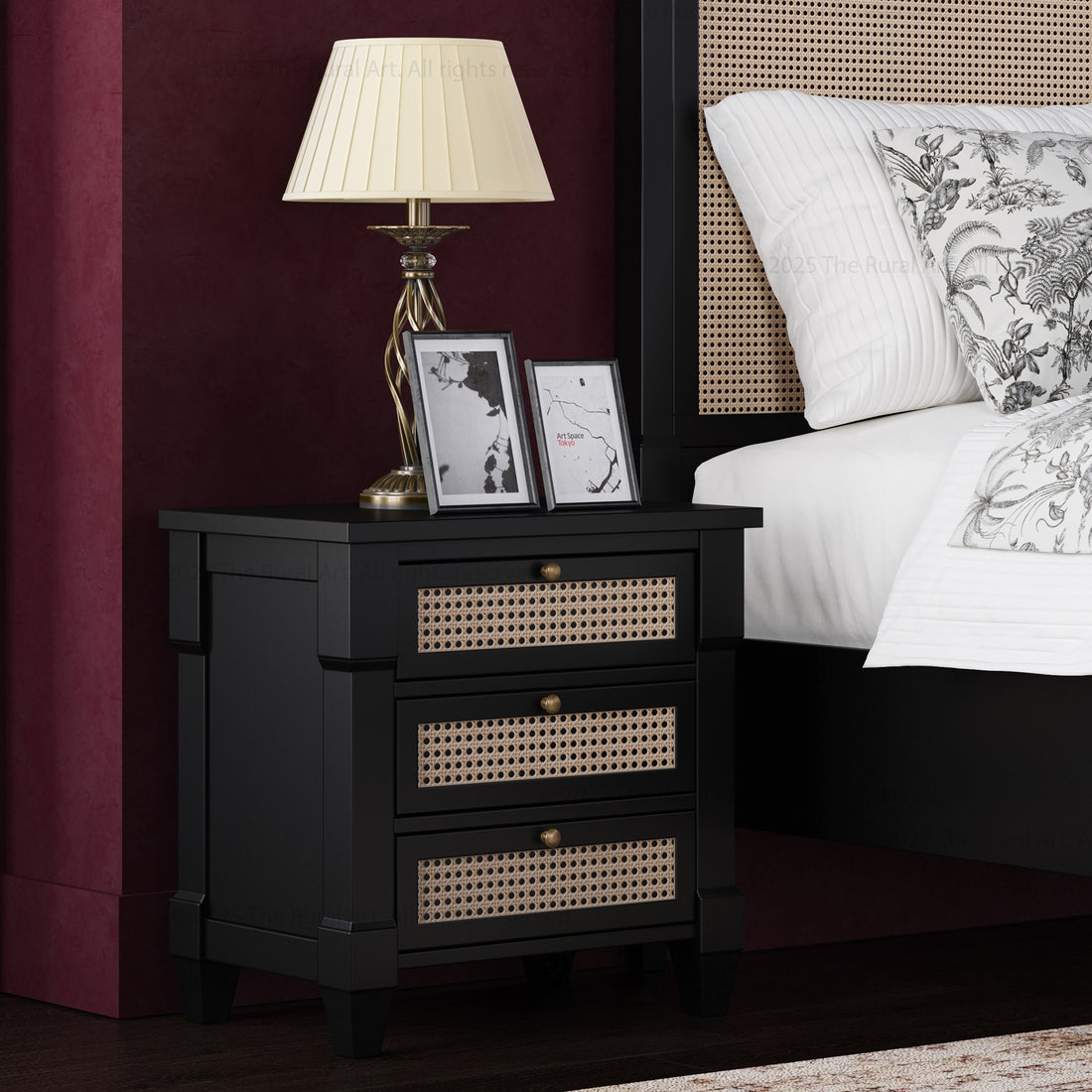 Hayward Solid Wood &amp; Cane Nightstand With Three Drawers