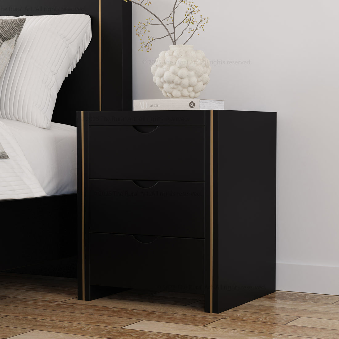 Branson Solid Wood Nightstand – Modern Black with Brass Inlay