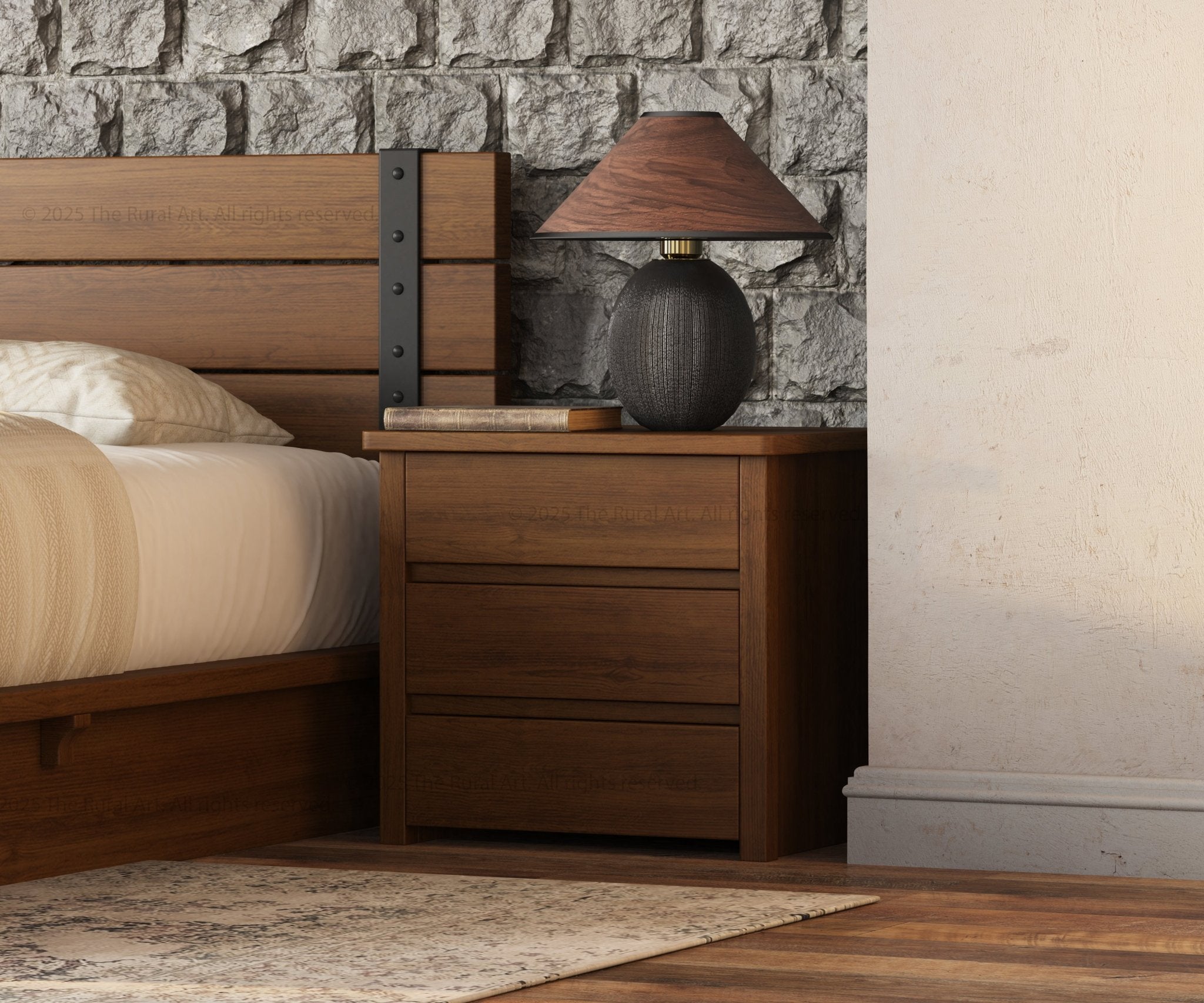 Dallas Solid Wood Bed &amp; Nightstand Set with Slatted Headboard and Iron Accents