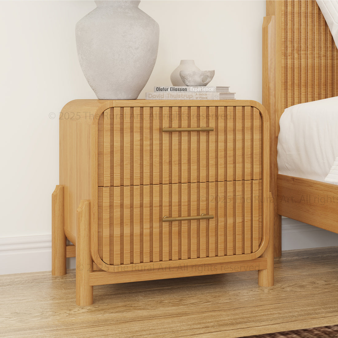 Lewes Fluted Wood Nightstand 2-Drawer Solid Wood Side Table with Sculpted Corners