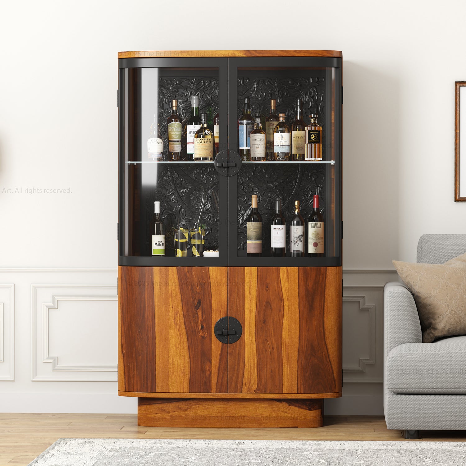 Woodinville Carved Bar Cabinet with Display Rack