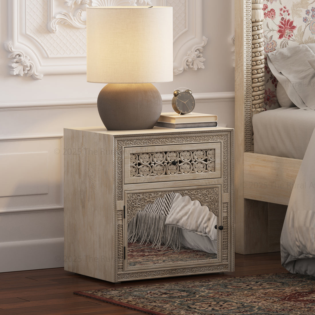 Dakota Hand-Carved Solid Wood Nightstand with Mirror Inlay