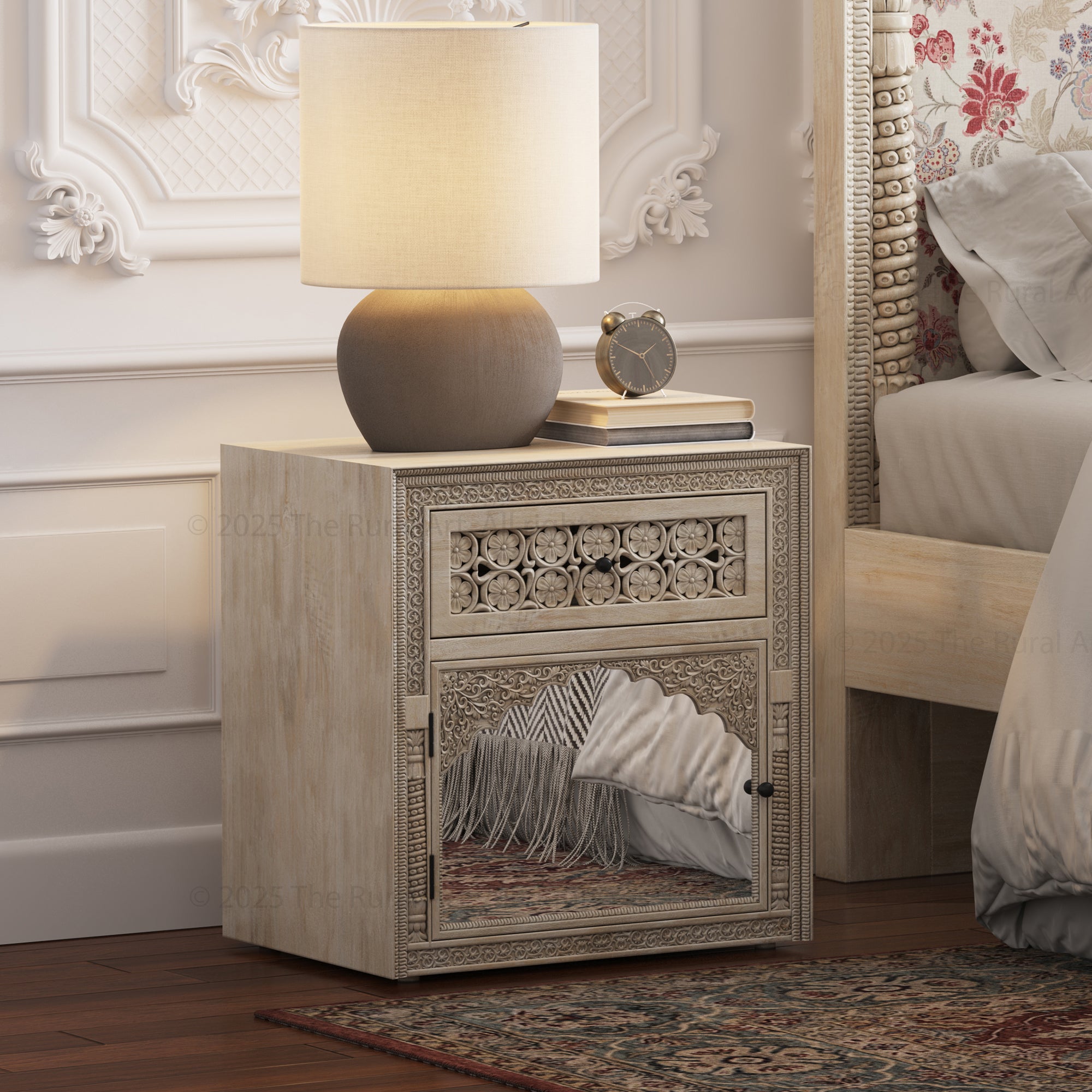 Dakota Hand-Carved Solid Wood Nightstand with Mirror Inlay