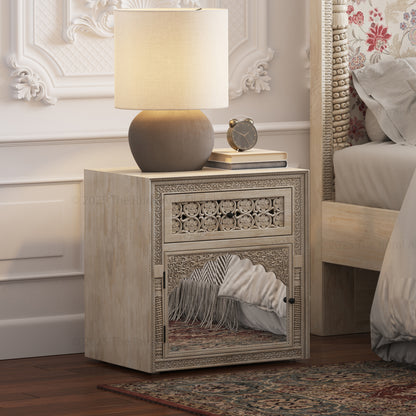 Dakota Hand-Carved Solid Wood Nightstand with Mirror Inlay