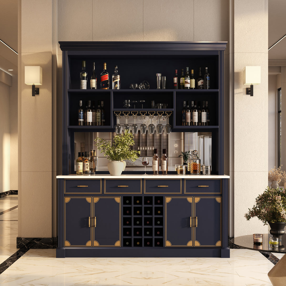 Lexington Solid Wood Wine Bar Cabinet with Hutch, Marble Countertop &amp; Leather Detailing