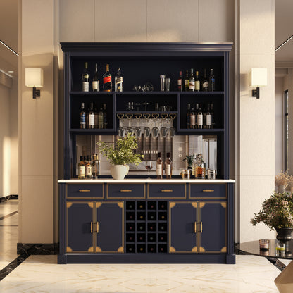 Lexington Solid Wood Wine Bar Cabinet with Hutch, Marble Countertop &amp; Leather Detailing