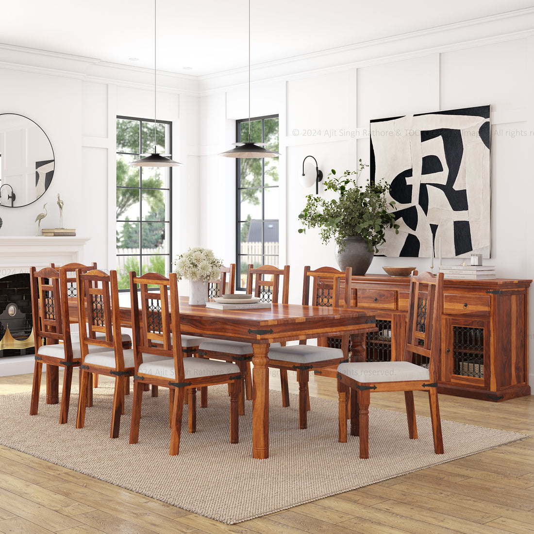 Naples Solid Wood Dining Table Set with Iron-Grid Chairs