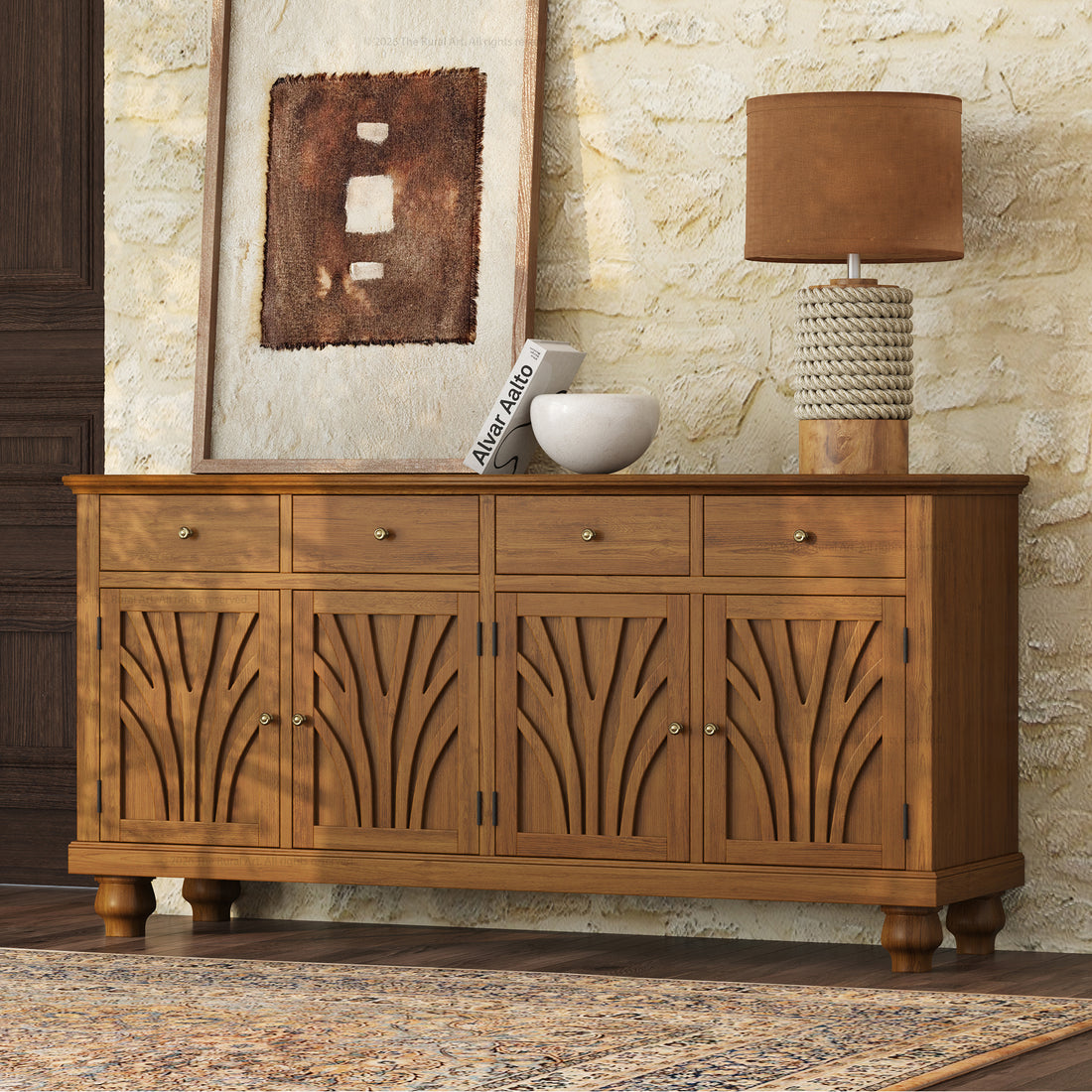 Carlsbad Botanical Carved Solid Wood 4-Door Sideboard Buffet with Drawers