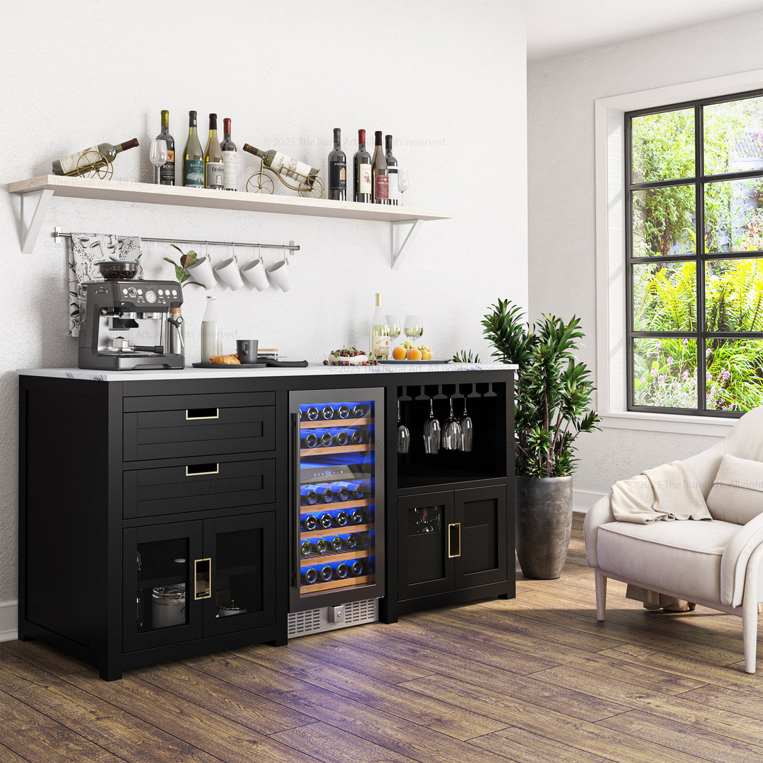 Luxe Black Wine Bar Cabinet with Fridge Space and Quartz Top