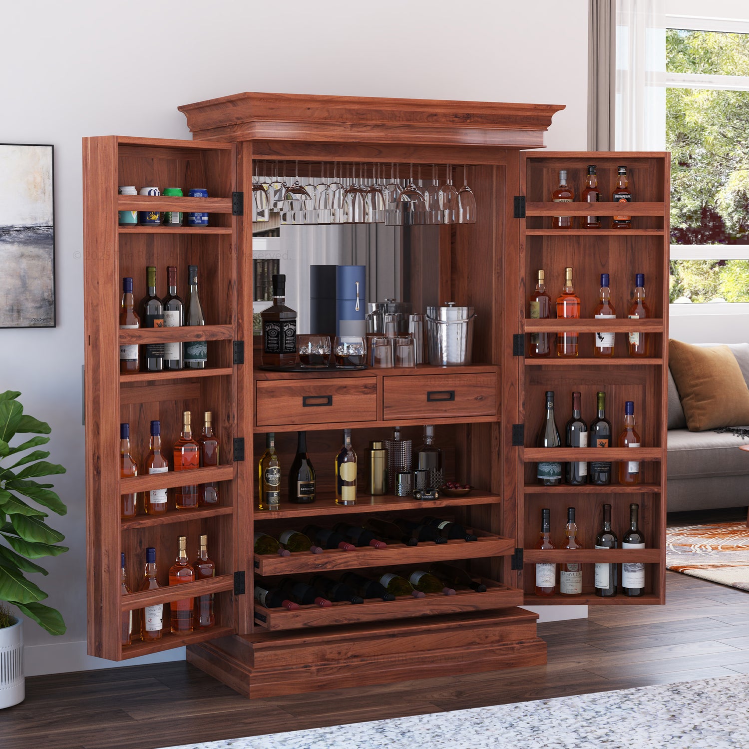 Melinda Solid Wood Bar Cabinet with Storage &amp; Wine Rack