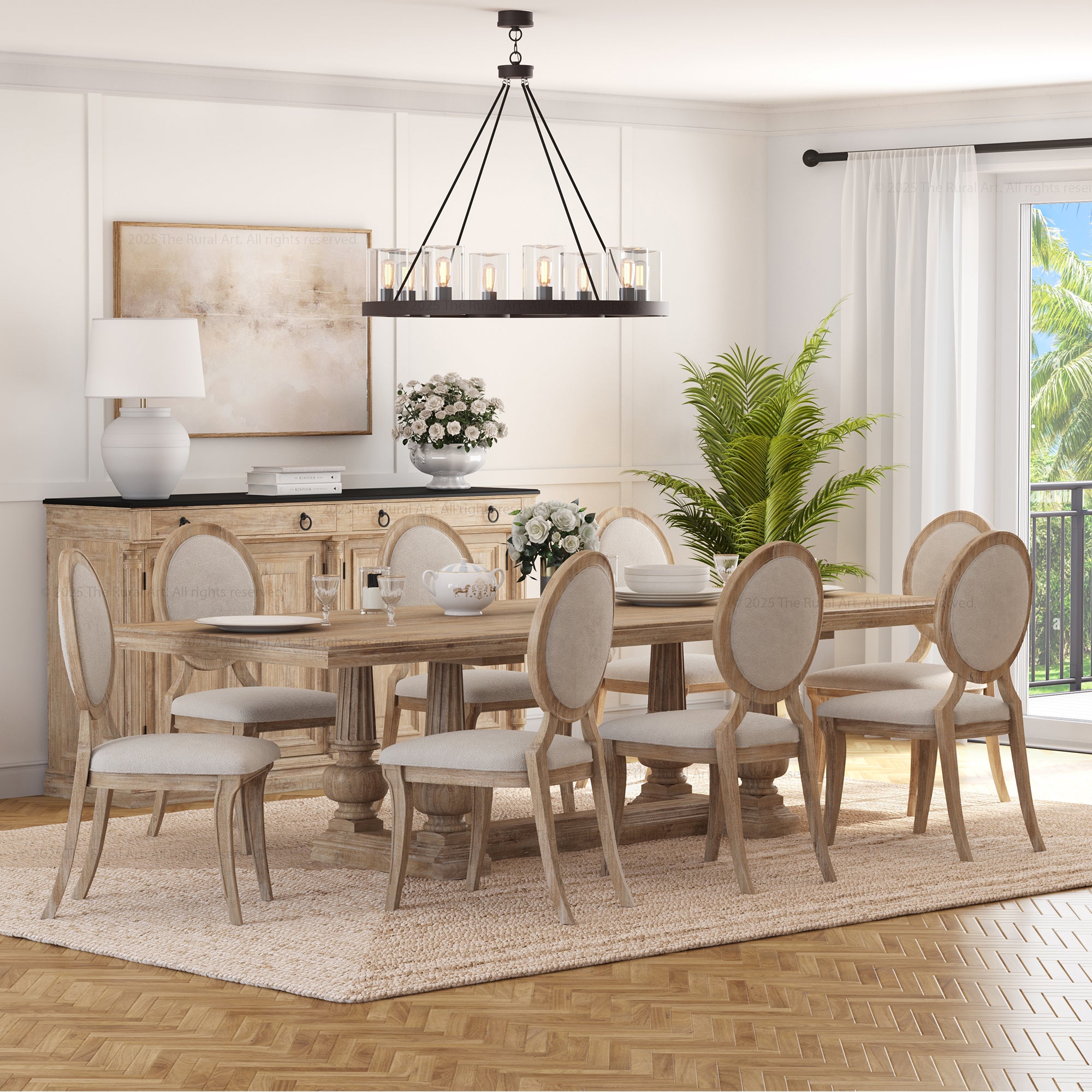 San Pedro Solid Wood Double Pedestal Dining Table &amp; Oval-Back Chair Set