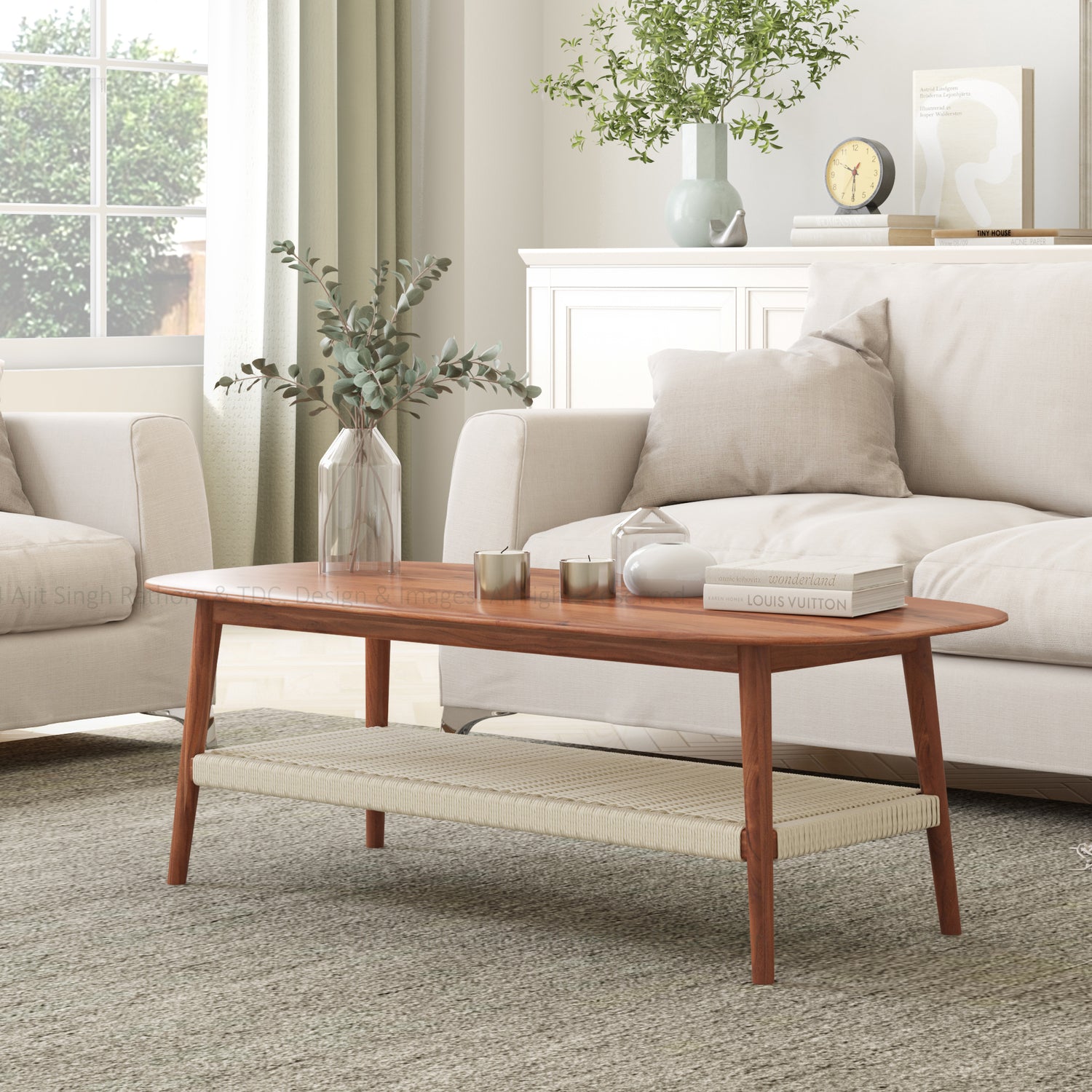 Two-Tier Coffee Table with Solid Wood Top and Polyester Rope Shelf