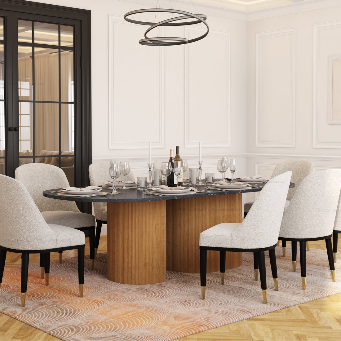 Connersville Modern Stone Top Dining Table Set with Sculptural Fluted Base & Upholstered Chairs