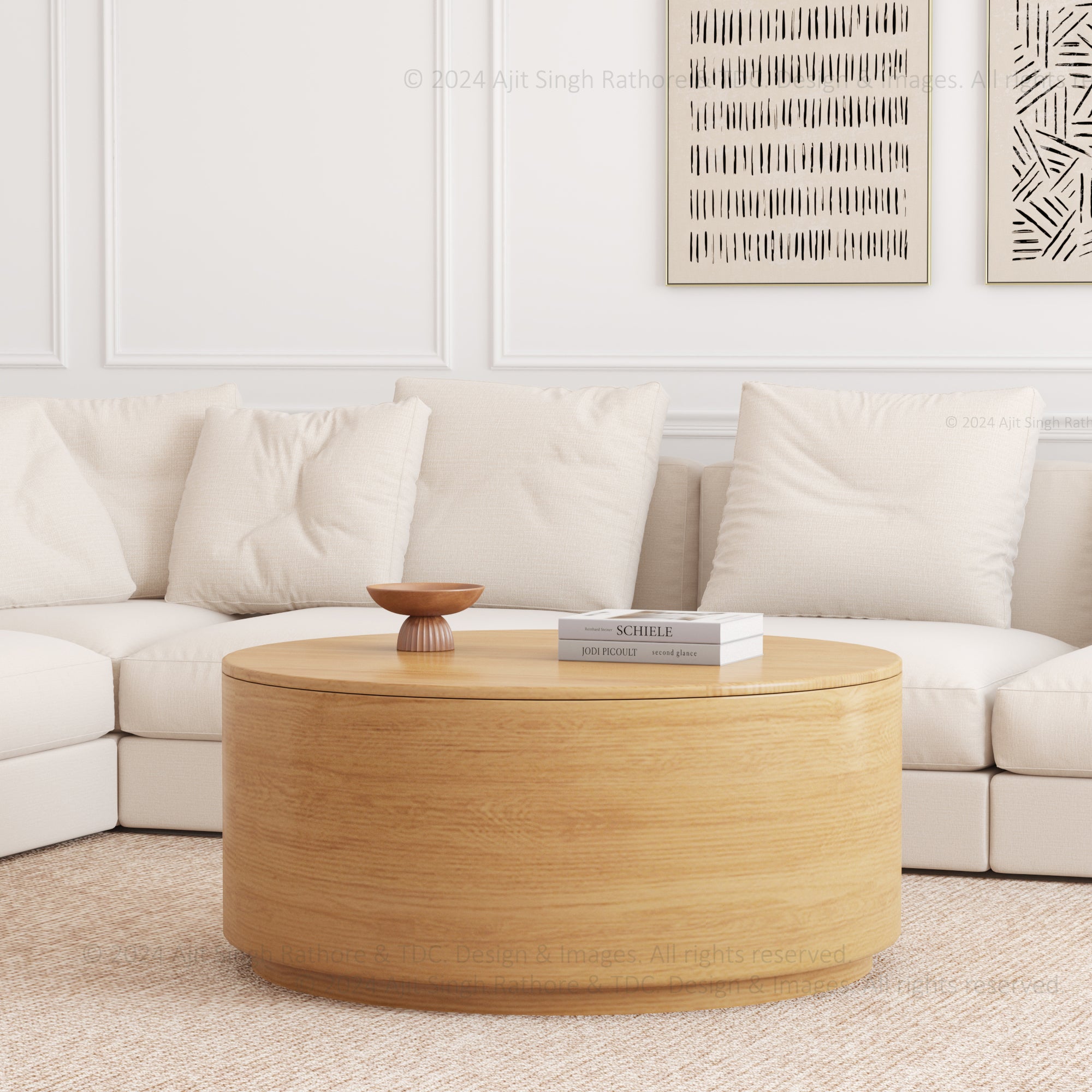 Nordic Serenity Teak Wood Round Barrel Coffee Table with Storage