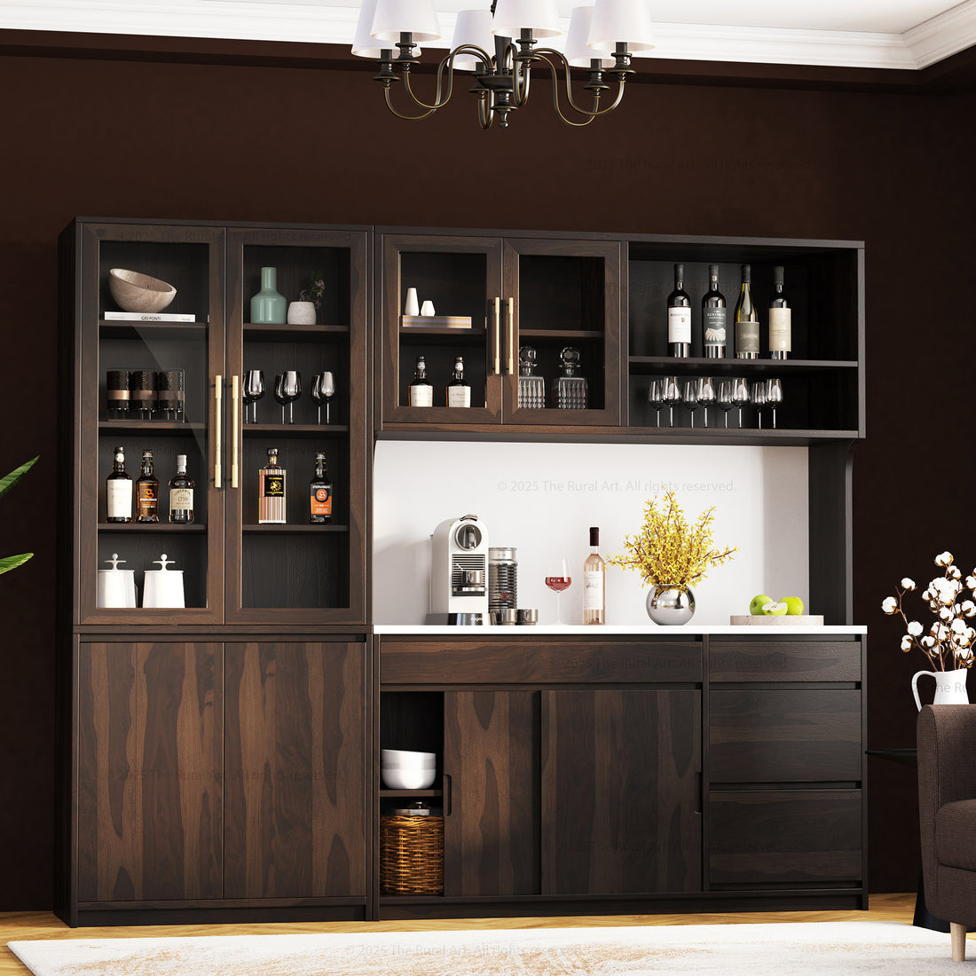 Girtin Solid Wood Wine &amp; Coffee Bar Hutch with White Quartz Countertop – 99” Width