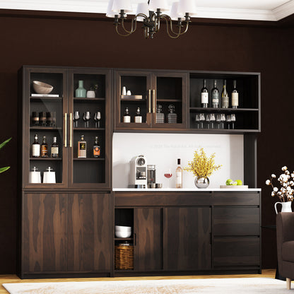 Girtin Solid Wood Wine &amp; Coffee Bar Hutch with White Quartz Countertop – 99” Width
